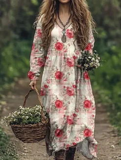 Sale Women's Maxi Dress Casual Dress Swing Dress Boho Dress Bohemia Vintage Ethnic Vacation Daily Regular Fit Floral Long Sleeve Crew Neck White Wine Fuchsia Green Summer Spring Women Floral Dresses