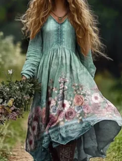 Sale Women's Maxi Dress Casual Dress Swing Dress Boho Dress Bohemia Vintage Ethnic Vacation Daily Regular Fit Floral Long Sleeve Crew Neck White Wine Fuchsia Green Summer Spring Women Floral Dresses