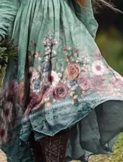Sale Women's Maxi Dress Casual Dress Swing Dress Boho Dress Bohemia Vintage Ethnic Vacation Daily Regular Fit Floral Long Sleeve Crew Neck White Wine Fuchsia Green Summer Spring Women Floral Dresses