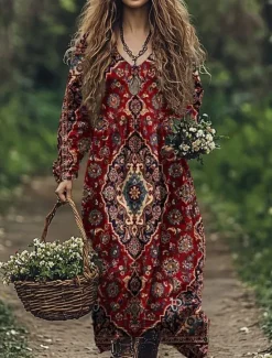 Sale Women's Maxi Dress Casual Dress Swing Dress Boho Dress Bohemia Vintage Ethnic Vacation Daily Regular Fit Floral Long Sleeve Crew Neck White Wine Fuchsia Green Summer Spring Women Floral Dresses