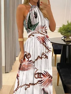 Outlet Women's Maxi Dress Casual Dress Corset Dress A Line Dress Slip Dress Stylish Casual Vacation Daily Regular Fit Floral Leopard Polka Dot Sleeveless Halter Neck Dark Brown Black Yellow Brown Summer Women Vacation Dresses