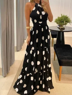 Outlet Women's Maxi Dress Casual Dress Corset Dress A Line Dress Slip Dress Stylish Casual Vacation Daily Regular Fit Floral Leopard Polka Dot Sleeveless Halter Neck Dark Brown Black Yellow Brown Summer Women Vacation Dresses