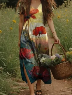 New Women's Maxi Dress Casual Dress A Line Dress Bohemia Vacation Vintage Vacation Daily Regular Fit Floral Short Sleeve V Neck Yellow Light Green Orange Green Summer Spring Women T Shirt Dresses