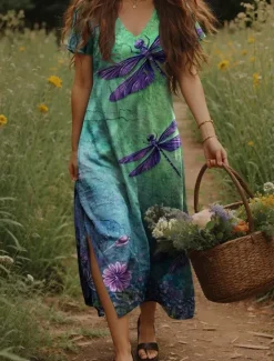 New Women's Maxi Dress Casual Dress A Line Dress Bohemia Vacation Vintage Vacation Daily Regular Fit Floral Short Sleeve V Neck Yellow Light Green Orange Green Summer Spring Women T Shirt Dresses