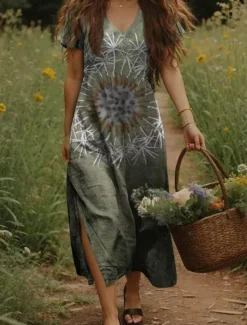 New Women's Maxi Dress Casual Dress A Line Dress Bohemia Vacation Vintage Vacation Daily Regular Fit Floral Short Sleeve V Neck Yellow Light Green Orange Green Summer Spring Women T Shirt Dresses