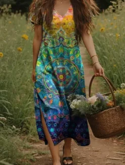 New Women's Maxi Dress Casual Dress A Line Dress Bohemia Vacation Vintage Vacation Daily Regular Fit Floral Short Sleeve V Neck Yellow Light Green Orange Green Summer Spring Women T Shirt Dresses