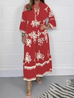 Women's Maxi Dress Casual Dress Boho Chic Dresses Boho Dress Bohemia Stylish Casual Vacation Daily Beach Loose Fit Graphic 3/4 Length Sleeve V Neck Black Red Green Beige Summer Spring Women Floral Dresses|Spring Dresses