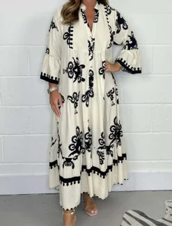 Women's Maxi Dress Casual Dress Boho Chic Dresses Boho Dress Bohemia Stylish Casual Vacation Daily Beach Loose Fit Graphic 3/4 Length Sleeve V Neck Black Red Green Beige Summer Spring Women Floral Dresses|Spring Dresses