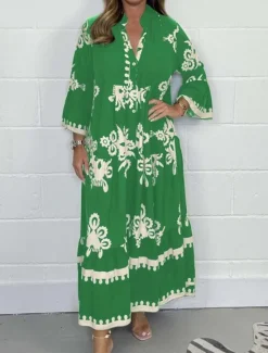 Women's Maxi Dress Casual Dress Boho Chic Dresses Boho Dress Bohemia Stylish Casual Vacation Daily Beach Loose Fit Graphic 3/4 Length Sleeve V Neck Black Red Green Beige Summer Spring Women Floral Dresses|Spring Dresses