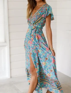Best Women's Maxi Dress Casual Dress A Line Dress Boho Dress Bohemia Vintage Casual Vacation Daily Regular Fit Floral Short Sleeve V Neck Black Red Blue Spring Fall Women Floral Dresses|Spring Dresses