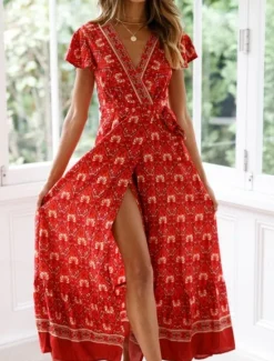 Best Women's Maxi Dress Casual Dress A Line Dress Boho Dress Bohemia Vintage Casual Vacation Daily Regular Fit Floral Short Sleeve V Neck Black Red Blue Spring Fall Women Floral Dresses|Spring Dresses