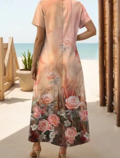 Online Women's Maxi Dress Casual Dress T Shirt Dress Tee Dress Sundress Streetwear Maxi Street Holiday Date Regular Fit Floral Short Sleeve Crew Neck Black White Pink Orange Summer Women T Shirt Dresses