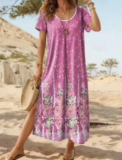 Online Women's Maxi Dress Casual Dress T Shirt Dress Tee Dress Sundress Streetwear Maxi Street Holiday Date Regular Fit Floral Short Sleeve Crew Neck Black White Pink Orange Summer Women T Shirt Dresses