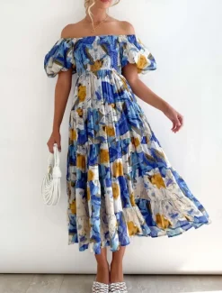 Clearance Women's Maxi Dress Casual Dress Swing Dress A Line Dress Stylish Casual Vacation Daily Regular Fit Floral Short Sleeve Off Shoulder Blue Green Summer Women Vacation Dresses