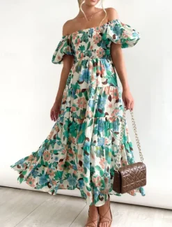 Clearance Women's Maxi Dress Casual Dress Swing Dress A Line Dress Stylish Casual Vacation Daily Regular Fit Floral Short Sleeve Off Shoulder Blue Green Summer Women Vacation Dresses