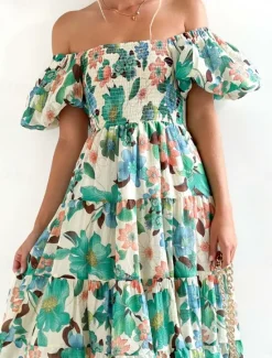 Clearance Women's Maxi Dress Casual Dress Swing Dress A Line Dress Stylish Casual Vacation Daily Regular Fit Floral Short Sleeve Off Shoulder Blue Green Summer Women Vacation Dresses
