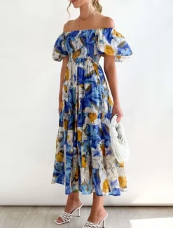 Clearance Women's Maxi Dress Casual Dress Swing Dress A Line Dress Stylish Casual Vacation Daily Regular Fit Floral Short Sleeve Off Shoulder Blue Green Summer Women Vacation Dresses