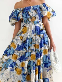 Clearance Women's Maxi Dress Casual Dress Swing Dress A Line Dress Stylish Casual Vacation Daily Regular Fit Floral Short Sleeve Off Shoulder Blue Green Summer Women Vacation Dresses