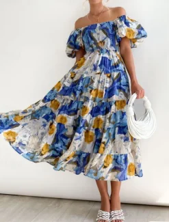 Clearance Women's Maxi Dress Casual Dress Swing Dress A Line Dress Stylish Casual Vacation Daily Regular Fit Floral Short Sleeve Off Shoulder Blue Green Summer Women Vacation Dresses
