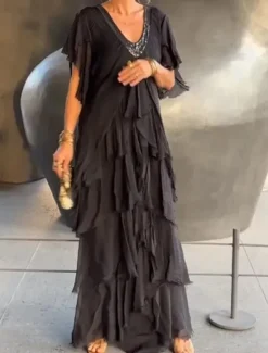 Discount Women's Maxi Dress Casual Dress Elegant Stylish Casual Vacation Party Daily Regular Fit Plain Short Sleeve V Neck Black Green Gray Summer Spring Fall Women Cocktail Dress