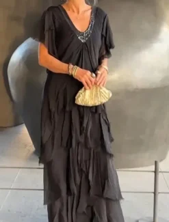 Discount Women's Maxi Dress Casual Dress Elegant Stylish Casual Vacation Party Daily Regular Fit Plain Short Sleeve V Neck Black Green Gray Summer Spring Fall Women Cocktail Dress
