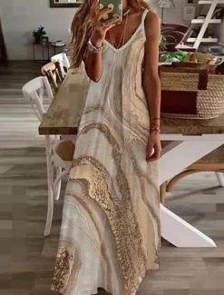 Discount Women's Maxi Dress Casual Dress Sundress Floral Dress Basic Classic Casual Vacation Casual Daily Regular Fit Print Marble Sleeveless V Neck Khaki Light Blue Summer Spring Women Vacation Dresses
