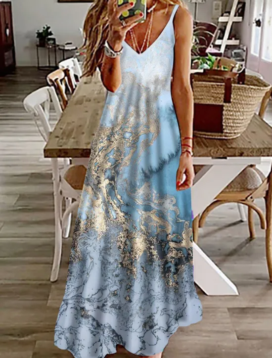 Discount Women's Maxi Dress Casual Dress Sundress Floral Dress Basic Classic Casual Vacation Casual Daily Regular Fit Print Marble Sleeveless V Neck Khaki Light Blue Summer Spring Women Vacation Dresses