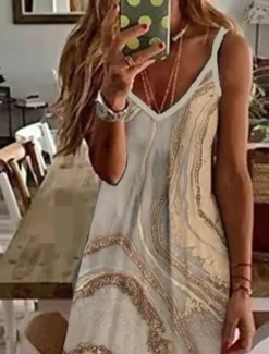 Discount Women's Maxi Dress Casual Dress Sundress Floral Dress Basic Classic Casual Vacation Casual Daily Regular Fit Print Marble Sleeveless V Neck Khaki Light Blue Summer Spring Women Vacation Dresses