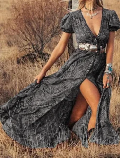 Discount Women's Maxi Dress Casual Dress Stylish Form Fit Print Short Sleeve V Neck Blue Purple Brown Green Summer Women Floral Dresses