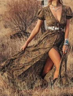 Discount Women's Maxi Dress Casual Dress Stylish Form Fit Print Short Sleeve V Neck Blue Purple Brown Green Summer Women Floral Dresses
