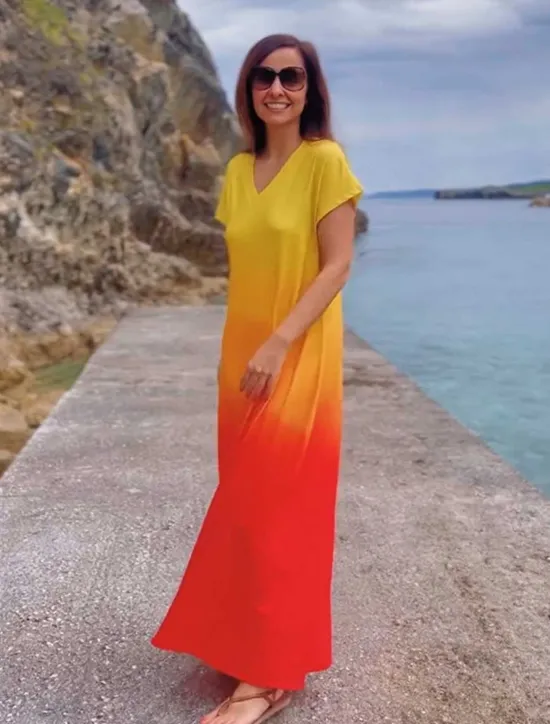 Best Women's Maxi Dress Casual Dress Sundress Shift Dress Tropical Drop Shoulder Vacation Loose Fit Ombre Rainbow Color Gradient Short Sleeve V Neck Blue Light Purple Orange Summer Women Spring Dresses|T Shirt Dresses