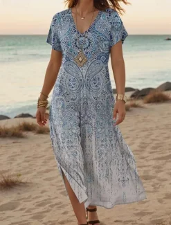 New Women's Maxi Dress Casual Dress A Line Dress Stylish Casual Vacation Daily Regular Fit Floral Short Sleeve V Neck White Orange Green Gray Summer Spring Women Spring Dresses|Vacation Dresses
