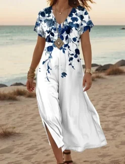 New Women's Maxi Dress Casual Dress A Line Dress Stylish Casual Vacation Daily Regular Fit Floral Short Sleeve V Neck White Orange Green Gray Summer Spring Women Spring Dresses|Vacation Dresses