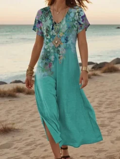 New Women's Maxi Dress Casual Dress A Line Dress Stylish Casual Vacation Daily Regular Fit Floral Short Sleeve V Neck White Orange Green Gray Summer Spring Women Spring Dresses|Vacation Dresses