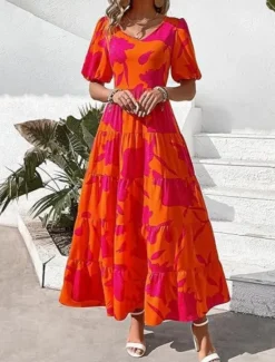 Discount Women's Maxi Dress Casual Dress Casual Loose Fit Graphic Short Sleeve Crew Neck Magenta Dark Red Red Blue Summer Women Floral Dresses