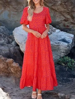 Discount Women's Maxi Dress Casual Dress Casual Loose Fit Graphic Short Sleeve Crew Neck Magenta Dark Red Red Blue Summer Women Floral Dresses