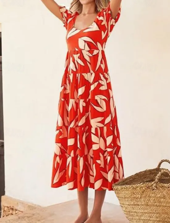 Discount Women's Maxi Dress Casual Dress Casual Loose Fit Graphic Short Sleeve Crew Neck Magenta Dark Red Red Blue Summer Women Floral Dresses