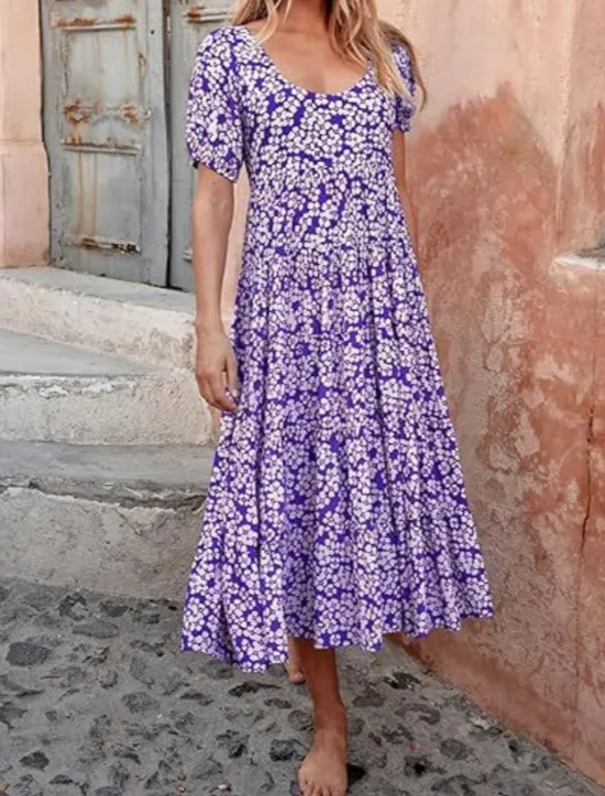 Discount Women's Maxi Dress Casual Dress Casual Loose Fit Graphic Short Sleeve Crew Neck Magenta Dark Red Red Blue Summer Women Floral Dresses
