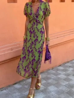 Discount Women's Maxi Dress Casual Dress A Line Dress Stylish Casual Vacation Daily Regular Fit Floral Short Sleeve V Neck Summer Women Vacation Dresses|Spring Dresses