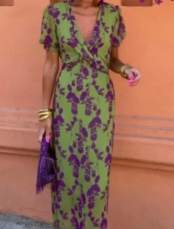 Discount Women's Maxi Dress Casual Dress A Line Dress Stylish Casual Vacation Daily Regular Fit Floral Short Sleeve V Neck Summer Women Vacation Dresses|Spring Dresses