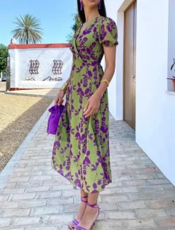 Discount Women's Maxi Dress Casual Dress A Line Dress Stylish Casual Vacation Daily Regular Fit Floral Short Sleeve V Neck Summer Women Vacation Dresses|Spring Dresses