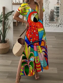 Clearance Women's Maxi Dress Casual Dress Sundress Shift Dress Streetwear Hawaiian Maxi Drop Shoulder Vacation Street Holiday Loose Fit Floral Animal Short Sleeve V Neck Pink Red Summer Women Spring Dresses|T Shirt Dresses