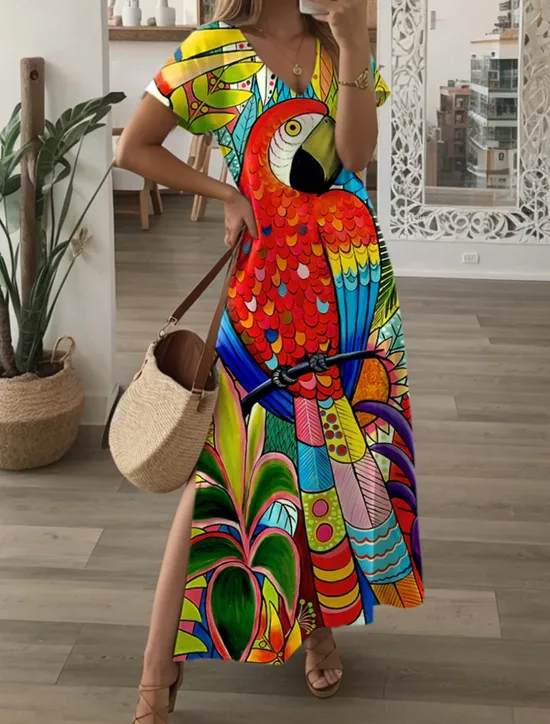Clearance Women's Maxi Dress Casual Dress Sundress Shift Dress Streetwear Hawaiian Maxi Drop Shoulder Vacation Street Holiday Loose Fit Floral Animal Short Sleeve V Neck Pink Red Summer Women Spring Dresses|T Shirt Dresses
