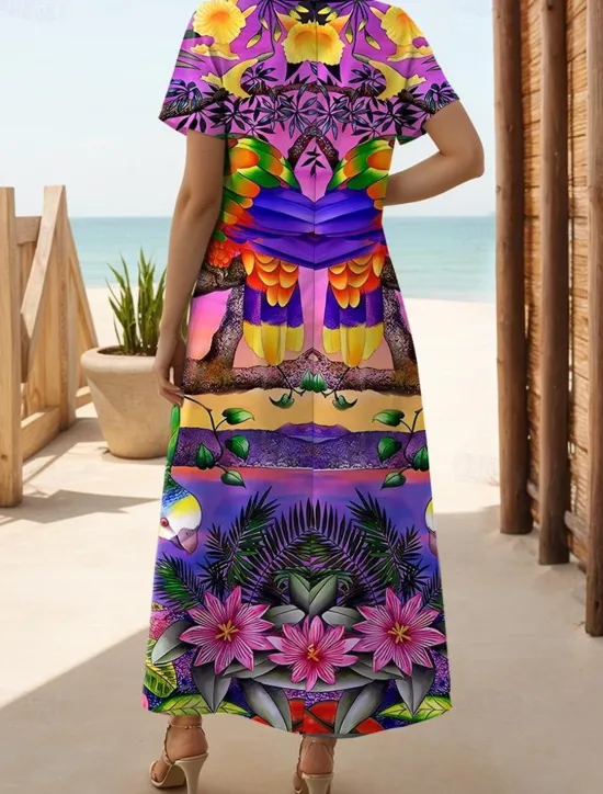 Clearance Women's Maxi Dress Casual Dress Sundress Shift Dress Streetwear Hawaiian Maxi Drop Shoulder Vacation Street Holiday Loose Fit Floral Animal Short Sleeve V Neck Pink Red Summer Women Spring Dresses|T Shirt Dresses