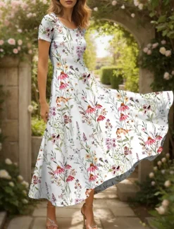 Discount Women's Maxi Dress Casual Dress A Line Dress Summer Dress Elegant Vacation Casual Regular Fit Floral Graphic Short Sleeve Square Neck Red Blue Purple Summer Women Vacation Dresses
