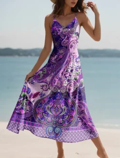 New Women's Maxi Dress Casual Dress A Line Dress Vacation Vintage Ethnic Daily Regular Fit Graphic Vintage Bohemian Sleeveless V Neck Pink Blue Purple Green Summer Spring Fall Women Sundresses
