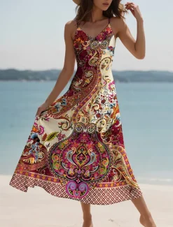 New Women's Maxi Dress Casual Dress A Line Dress Vacation Vintage Ethnic Daily Regular Fit Graphic Vintage Bohemian Sleeveless V Neck Pink Blue Purple Green Summer Spring Fall Women Sundresses