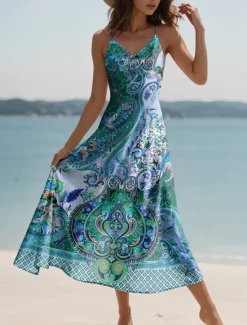 New Women's Maxi Dress Casual Dress A Line Dress Vacation Vintage Ethnic Daily Regular Fit Graphic Vintage Bohemian Sleeveless V Neck Pink Blue Purple Green Summer Spring Fall Women Sundresses
