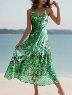 New Women's Maxi Dress Casual Dress A Line Dress Vacation Vintage Ethnic Daily Regular Fit Graphic Vintage Bohemian Sleeveless V Neck Pink Blue Purple Green Summer Spring Fall Women Sundresses