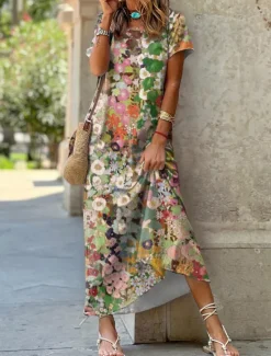 Best Women's Maxi Dress Casual Dress Shift Dress Floral Leaf Pocket Split Crew Neck Long Dress Date Vacation Short Sleeve Summer Spring Women Spring Dresses|T Shirt Dresses